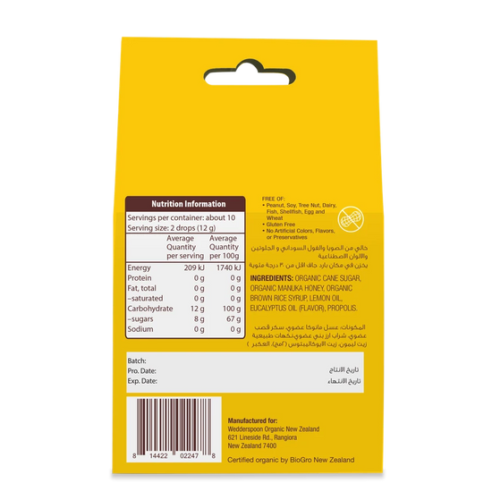 Wedderspoon Organic Manuka Honey Drops Lemon With Bee Propolis 120 g