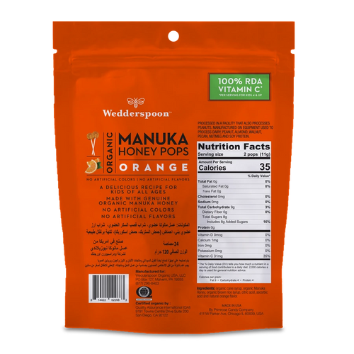 Wedderspoon Organic Manuka Honey Pops Orangw 24 pcs